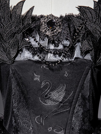 黒ゴシックロリータドレスJSK羽根レースアップスワンジャンパーヘッドウェアチョーカーセットロリータドレス