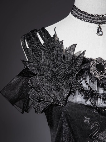 黒ゴシックロリータドレスJSK羽根レースアップスワンジャンパーヘッドウェアチョーカーセットロリータドレス