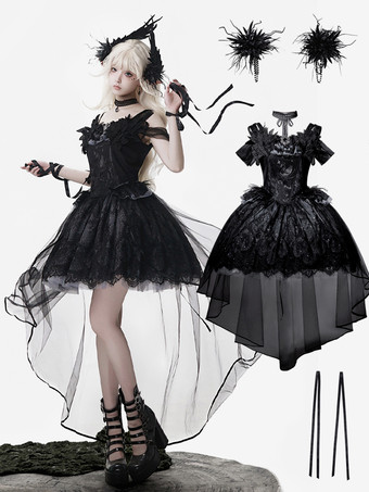 黒ゴシックロリータドレスJSK羽根レースアップスワンジャンパーヘッドウェアチョーカーセットロリータドレス