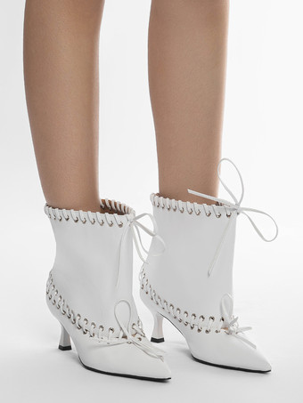 ホワイトアンクルブーツ レディース ポインテッドトゥ キトンヒール ブーティ