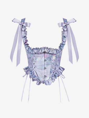 Corsé Lolita para mujer con lazos morados estampado floral con cordones poliéster para fiesta de té
