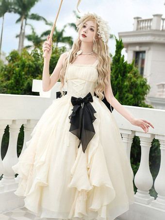 Robe Lolita Hime Sweet en polyester sans manches à volants couleur abricot avec tour de cou et nœud papillon