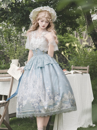 Fairy Lolita Conjuntos de dulce Lolita con estampado floral azul encaje volantes sin mangas capa falda y top.