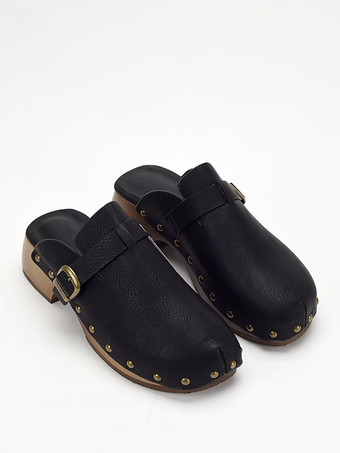 レディースクロッグ ラウンドトゥ スタッズ チャンキーヒール ミュール