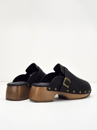 レディースクロッグ ラウンドトゥ スタッズ チャンキーヒール ミュール