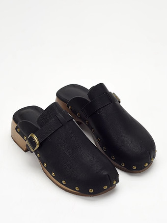 レディースクロッグ ラウンドトゥ スタッズ チャンキーヒール ミュール