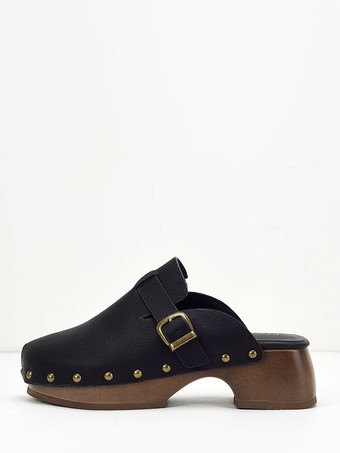 ブラック レディースクロッグ ラウンドトゥ スタッズ チャンキーヒール ミュール