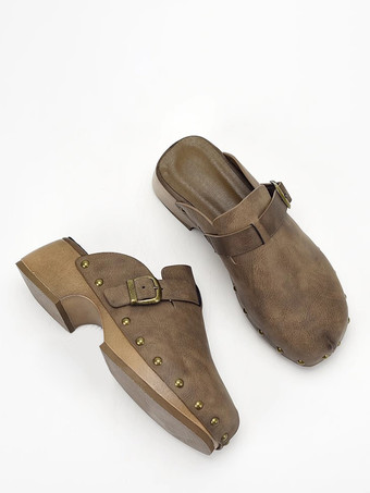 レディースクロッグ ラウンドトゥ スタッズ チャンキーヒール ミュール