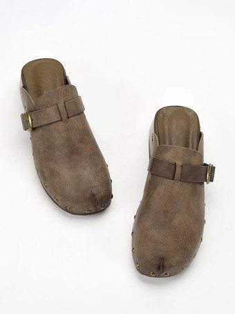 レディースクロッグ ラウンドトゥ スタッズ チャンキーヒール ミュール