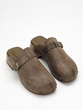 レディースクロッグ ラウンドトゥ スタッズ チャンキーヒール ミュール