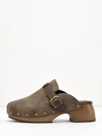 モグラ色レディースクロッグ ラウンドトゥ スタッズ チャンキーヒール ミュール