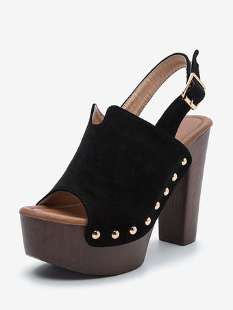 レディース ブラック クロッグ ピープトゥ スタッド チャンキーヒール スリングバックサンダル