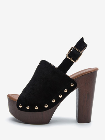 ブラック レディース ブラック クロッグ ピープトゥ スタッド チャンキーヒール スリングバックサンダル
