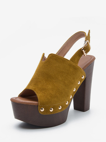 レディース ブラック クロッグ ピープトゥ スタッド チャンキーヒール スリングバックサンダル