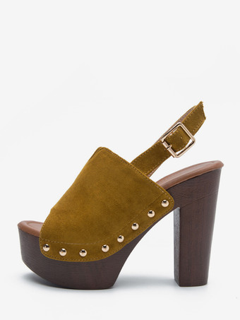 イエローレディース ブラック クロッグ ピープトゥ スタッド チャンキーヒール スリングバックサンダル