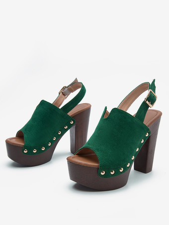 レディース ブラック クロッグ ピープトゥ スタッド チャンキーヒール スリングバックサンダル