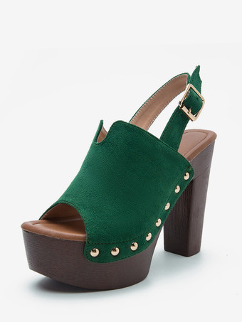 グリーン レディース ブラック クロッグ ピープトゥ スタッド チャンキーヒール スリングバックサンダル