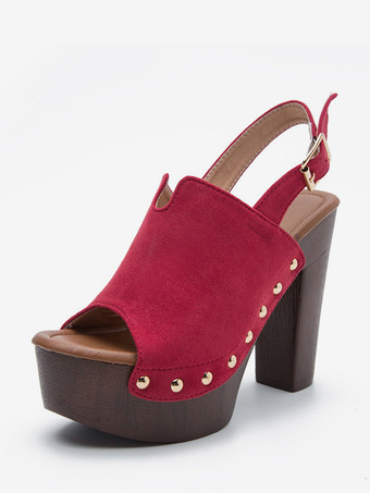 レディース ブラック クロッグ ピープトゥ スタッド チャンキーヒール スリングバックサンダル