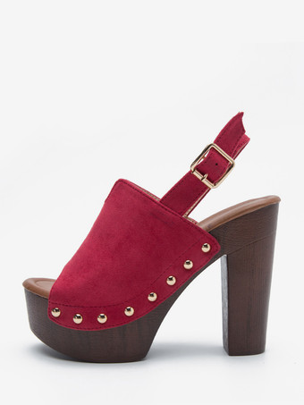 レッド レディース ブラック クロッグ ピープトゥ スタッド チャンキーヒール スリングバックサンダル