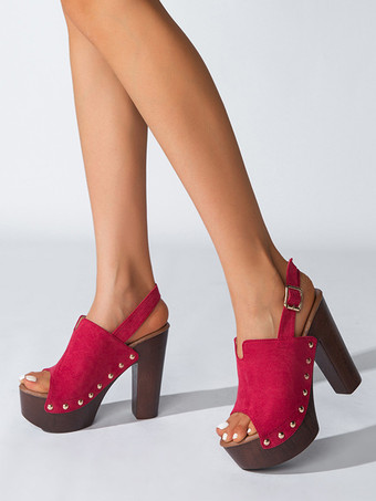 レディース ブラック クロッグ ピープトゥ スタッド チャンキーヒール スリングバックサンダル