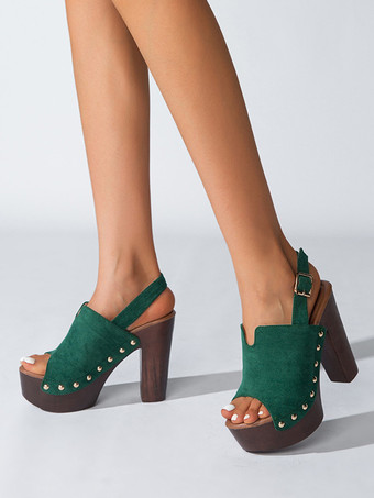 レディース ブラック クロッグ ピープトゥ スタッド チャンキーヒール スリングバックサンダル