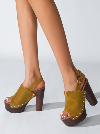 レディース ブラック クロッグ ピープトゥ スタッド チャンキーヒール スリングバックサンダル