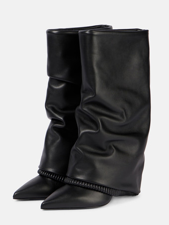 ブラックニーハイブーツ レディース ポインテッドトゥ フォールドオーバー ハイヒールブーツ