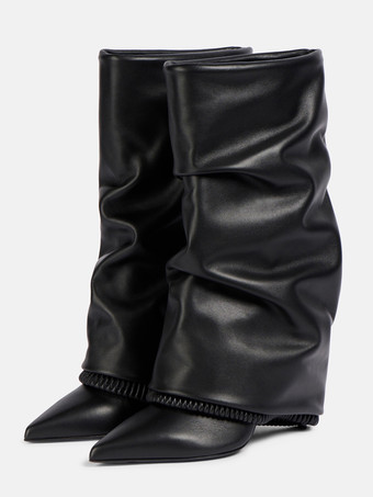 ブラック ブラックニーハイブーツ レディース ポインテッドトゥ フォールドオーバー ハイヒールブーツ