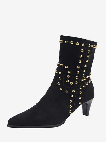 ブラック スエードアンクルブーツ レディース ポインテッドトゥ スタッズ チャンキーヒール ブーティ