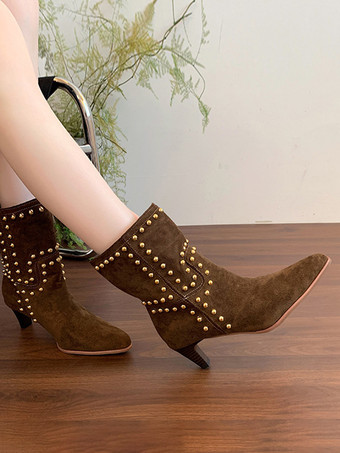 スエードアンクルブーツ レディース ポインテッドトゥ スタッズ チャンキーヒール ブーティ