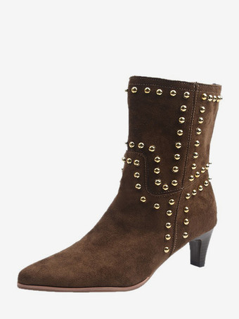 ブラウンスエードアンクルブーツ レディース ポインテッドトゥ スタッズ チャンキーヒール ブーティ