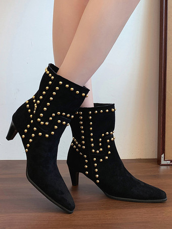 スエードアンクルブーツ レディース ポインテッドトゥ スタッズ チャンキーヒール ブーティ