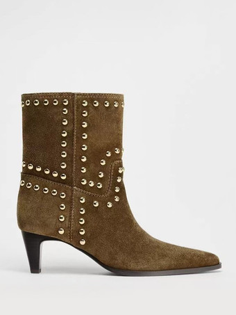 スエードアンクルブーツ レディース ポインテッドトゥ スタッズ チャンキーヒール ブーティ