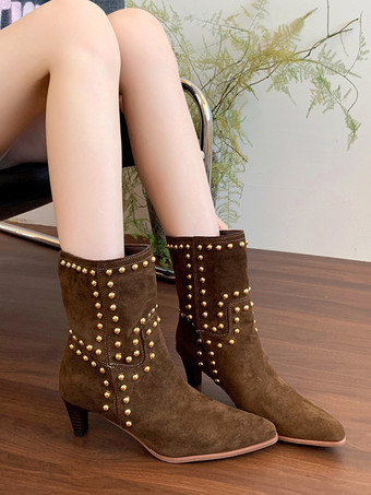 スエードアンクルブーツ レディース ポインテッドトゥ スタッズ チャンキーヒール ブーティ
