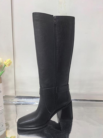 ブラック乗馬ブーツ レディース スクエアトゥ バックルディテール チャンキーヒール ニーハイブーツ