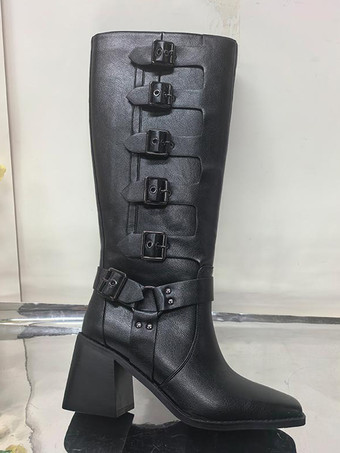 ブラック乗馬ブーツ レディース スクエアトゥ バックルディテール チャンキーヒール ニーハイブーツ