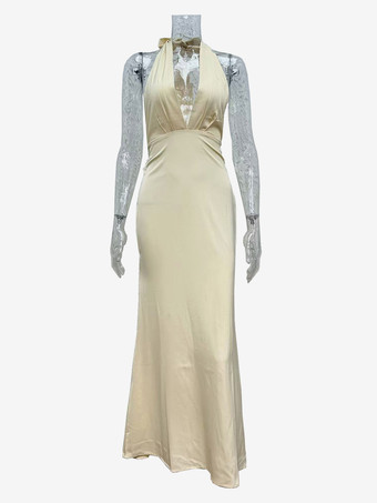 2025年夏にぴったりの、深めのVネックとバックレスデザインのホルターネックパーティーロングドレス