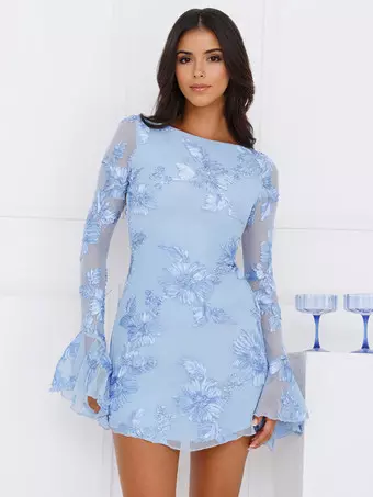 Light Blue Flower Embroidered Dress With Bell Sleeves And Open Back For  Fall 2026 - Milanoo.com