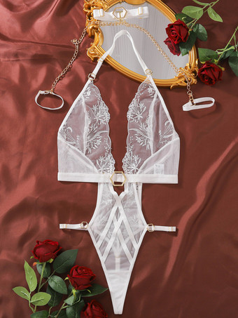 ランジェリーテディ メッシュ シースルー ホルターネック 花柄 カットアウト バックレス 花柄 ホワイト テディ レディース