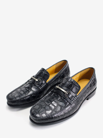 ブラック メンズ ビットローファー クロコダイル柄レザー ビジネスカジュアルシューズ
