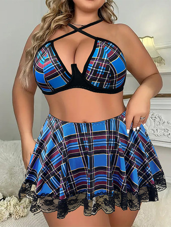 セクシーなチアリーダーコスチューム レディース ブルー チェック柄 ポリエステル ミニスカート トップセット