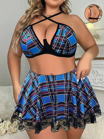 セクシーなチアリーダーコスチューム レディース ブルー チェック柄 ポリエステル ミニスカート トップセット