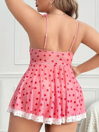 ベビードールランジェリー セクシー ピンク フリル プリント ポリエステル ドレス スリープウェア パジャマ