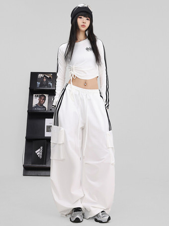 女性用ストリートダンスジャンプスーツ トレンディなホワイトコントラストカラージャズ衣装 レースアップ スリムフィット ヒップホップパンツ付き