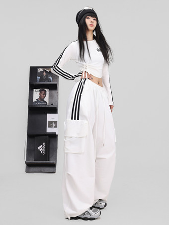 女性用ストリートダンスジャンプスーツ トレンディなホワイトコントラストカラージャズ衣装 レースアップ スリムフィット ヒップホップパンツ付き