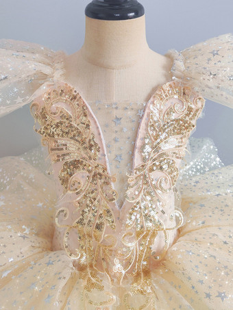女の子用バレエチュチュドレス、スパンコール付き、キラキラ輝く白鳥のプリンセスチュールスカート、子供用、ふわふわの可愛いダンス衣装、ステージパフォーマンス用