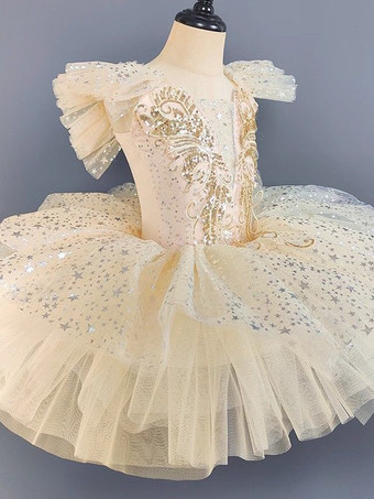 女の子用バレエチュチュドレス、スパンコール付き、キラキラ輝く白鳥のプリンセスチュールスカート、子供用、ふわふわの可愛いダンス衣装、ステージパフォーマンス用