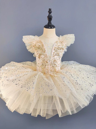 シャンパンカラー女の子用バレエチュチュドレス、スパンコール付き、キラキラ輝く白鳥のプリンセスチュールスカート、子供用、ふわふわの可愛いダンス衣装、ステージパフォーマンス用