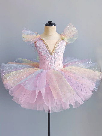 ピンク女の子用バレエチュチュドレス、スパンコール付き、キラキラ輝く白鳥のプリンセスチュールスカート、子供用、ふわふわの可愛いダンス衣装、ステージパフォーマンス用