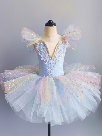 ライトスカイブルー女の子用バレエチュチュドレス、スパンコール付き、キラキラ輝く白鳥のプリンセスチュールスカート、子供用、ふわふわの可愛いダンス衣装、ステージパフォーマンス用